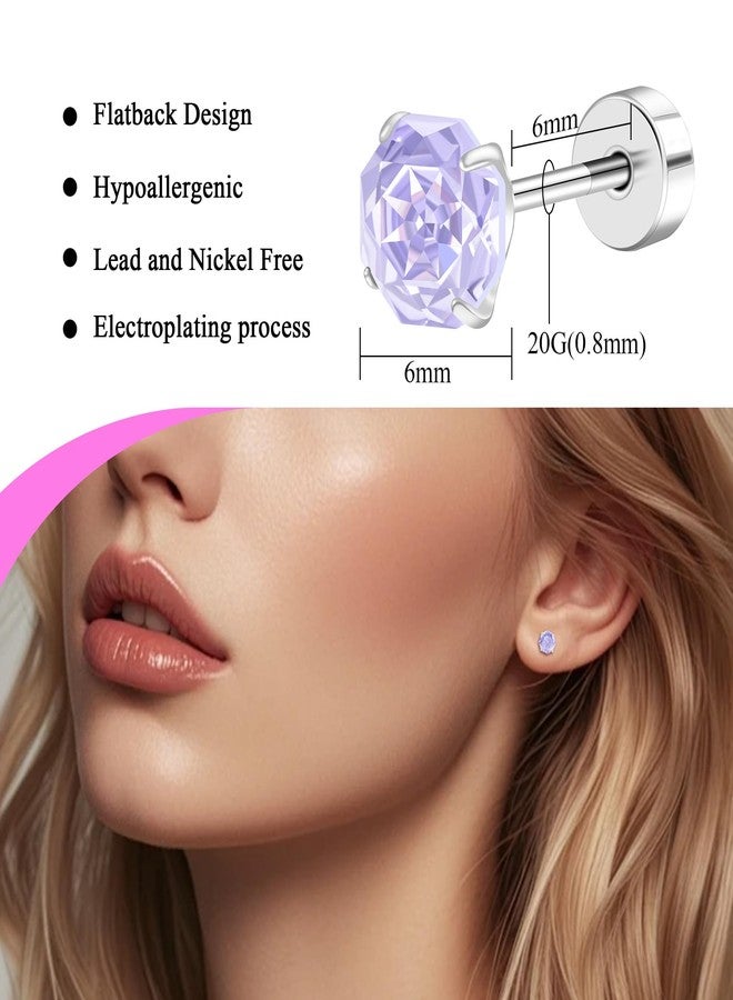 BLISI Hypoallergenic Titanium Earrings Flat Back Stud Earrings ASTM F136 Titanium Screw-On Design with 6mm Lavender Rose-Cut Cubic Zirconia for Women with Sensitive Ears - Image 5